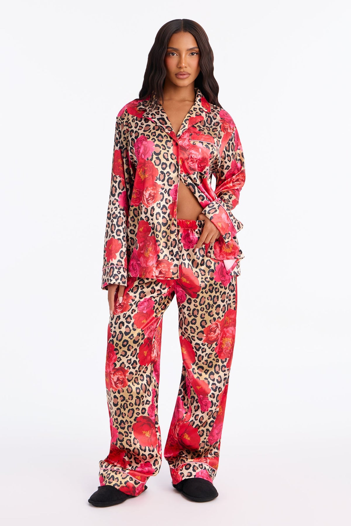 Bedtime Lux Stretch Satin Long Sleeve PJ Pant Set - Brown/combo