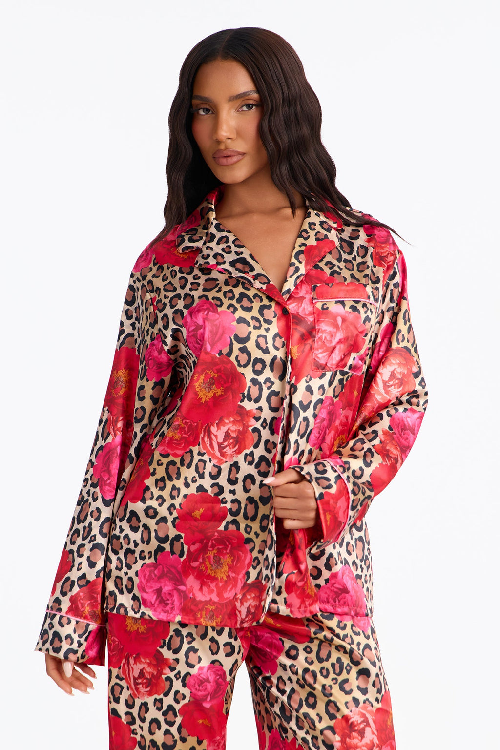 Bedtime Lux Stretch Satin Long Sleeve PJ Pant Set - Brown/combo