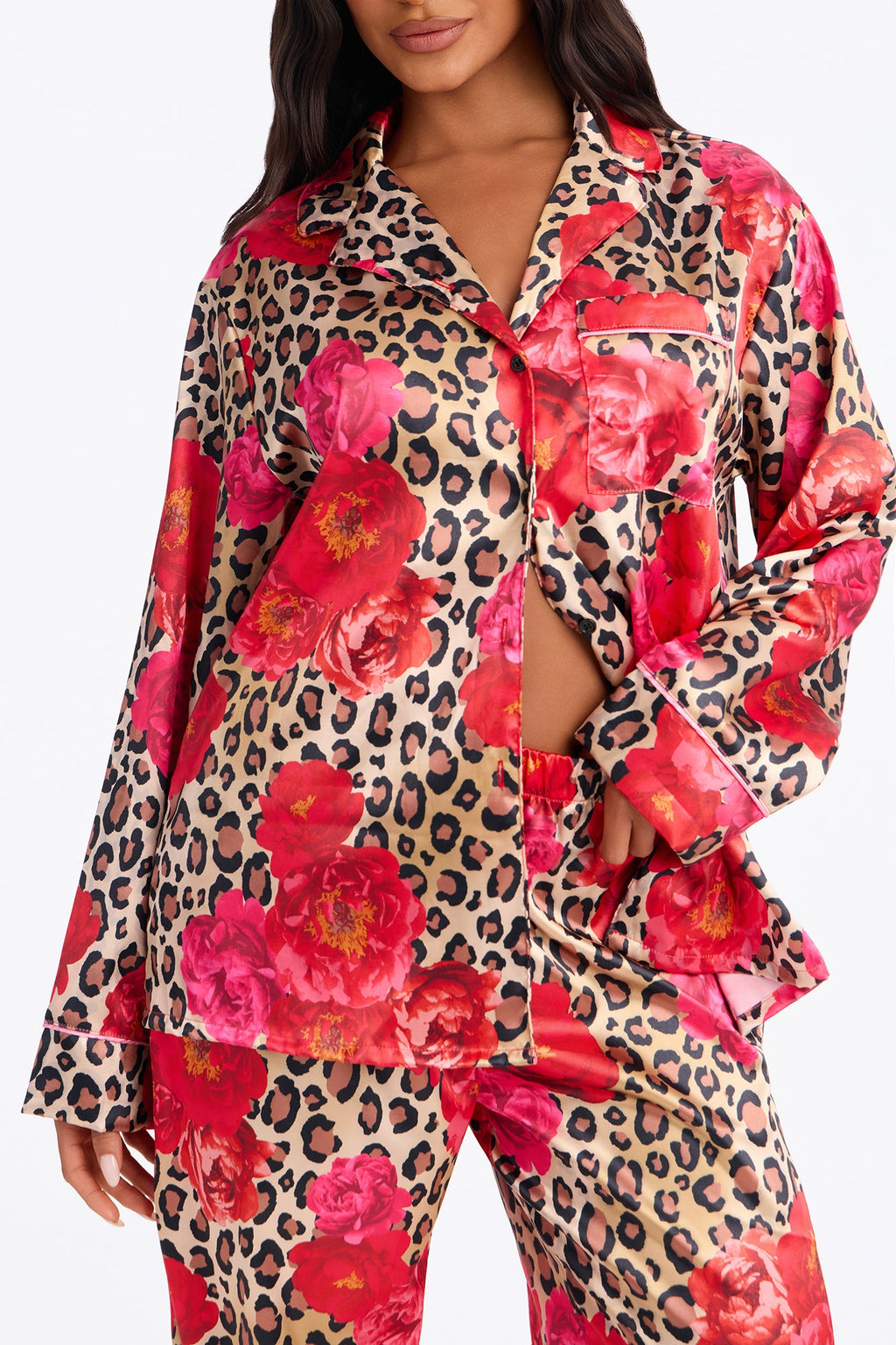 Bedtime Lux Stretch Satin Long Sleeve PJ Pant Set - Brown/combo