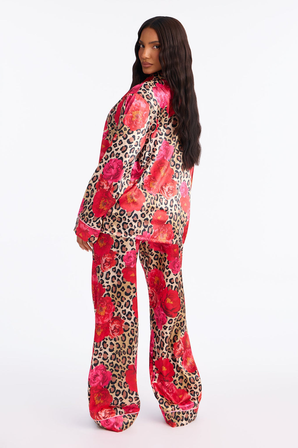 Bedtime Lux Stretch Satin Long Sleeve PJ Pant Set - Brown/combo