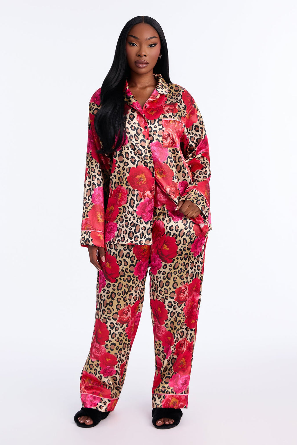 Bedtime Lux Stretch Satin Long Sleeve PJ Pant Set - Brown/combo