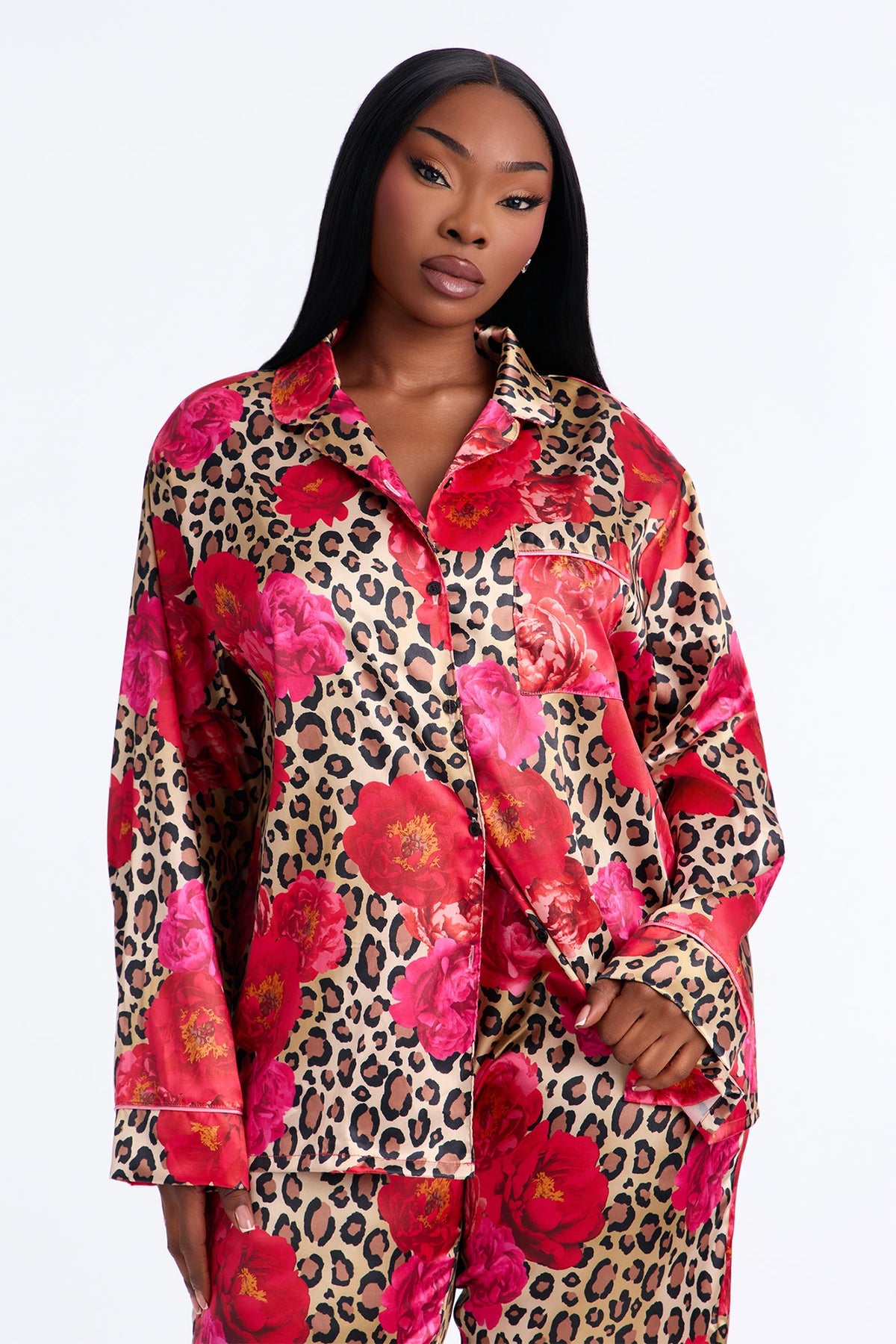 Bedtime Lux Stretch Satin Long Sleeve PJ Pant Set - Brown/combo
