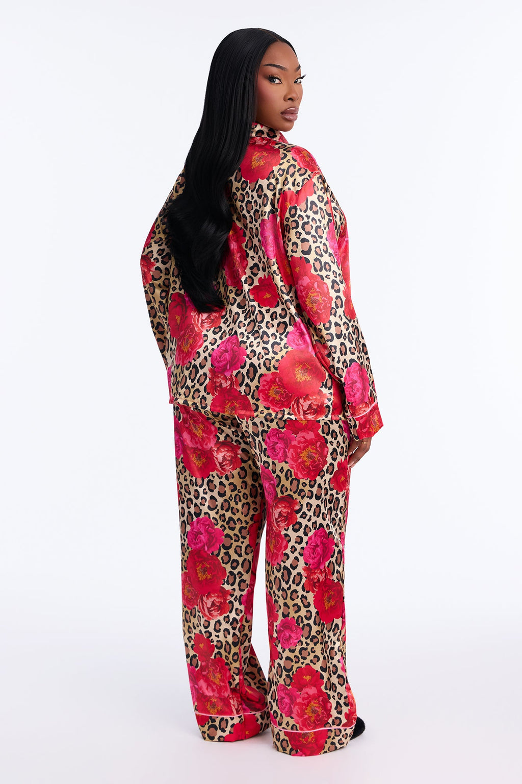 Bedtime Lux Stretch Satin Long Sleeve PJ Pant Set - Brown/combo