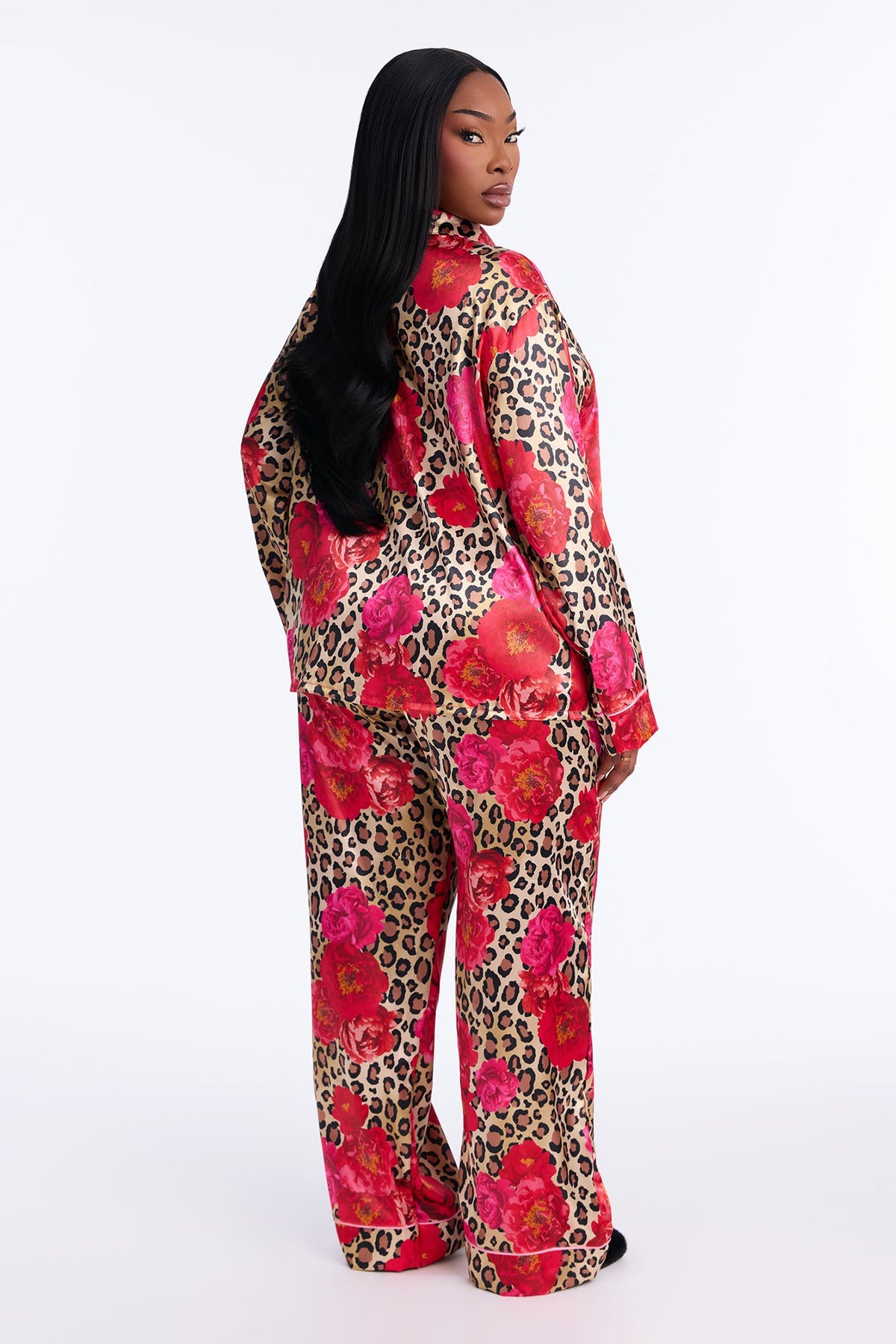 Bedtime Lux Stretch Satin Long Sleeve PJ Pant Set - Brown/combo