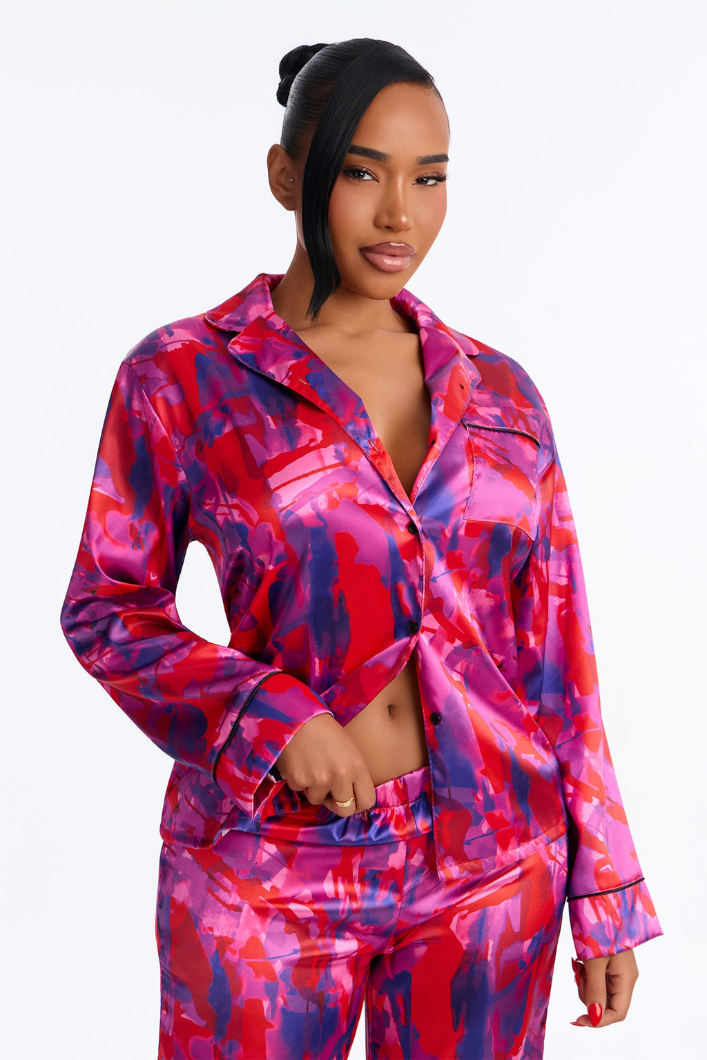 Bedtime Lux Stretch Satin Long Sleeve PJ Pant Set - Red/combo