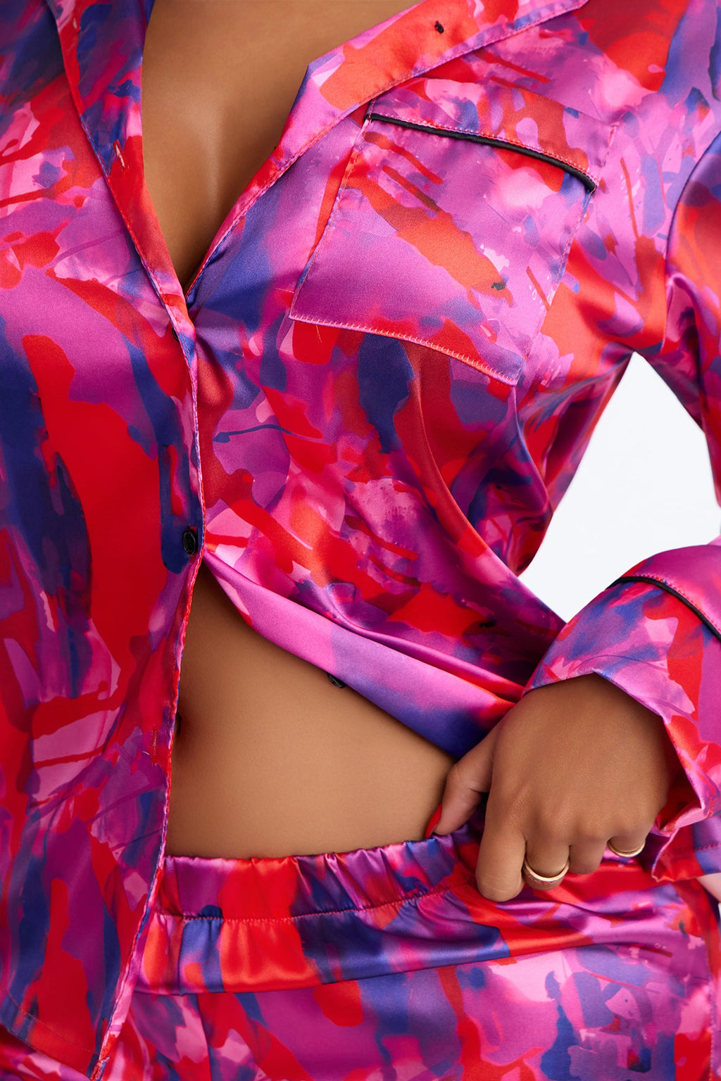 Bedtime Lux Stretch Satin Long Sleeve PJ Pant Set - Red/combo
