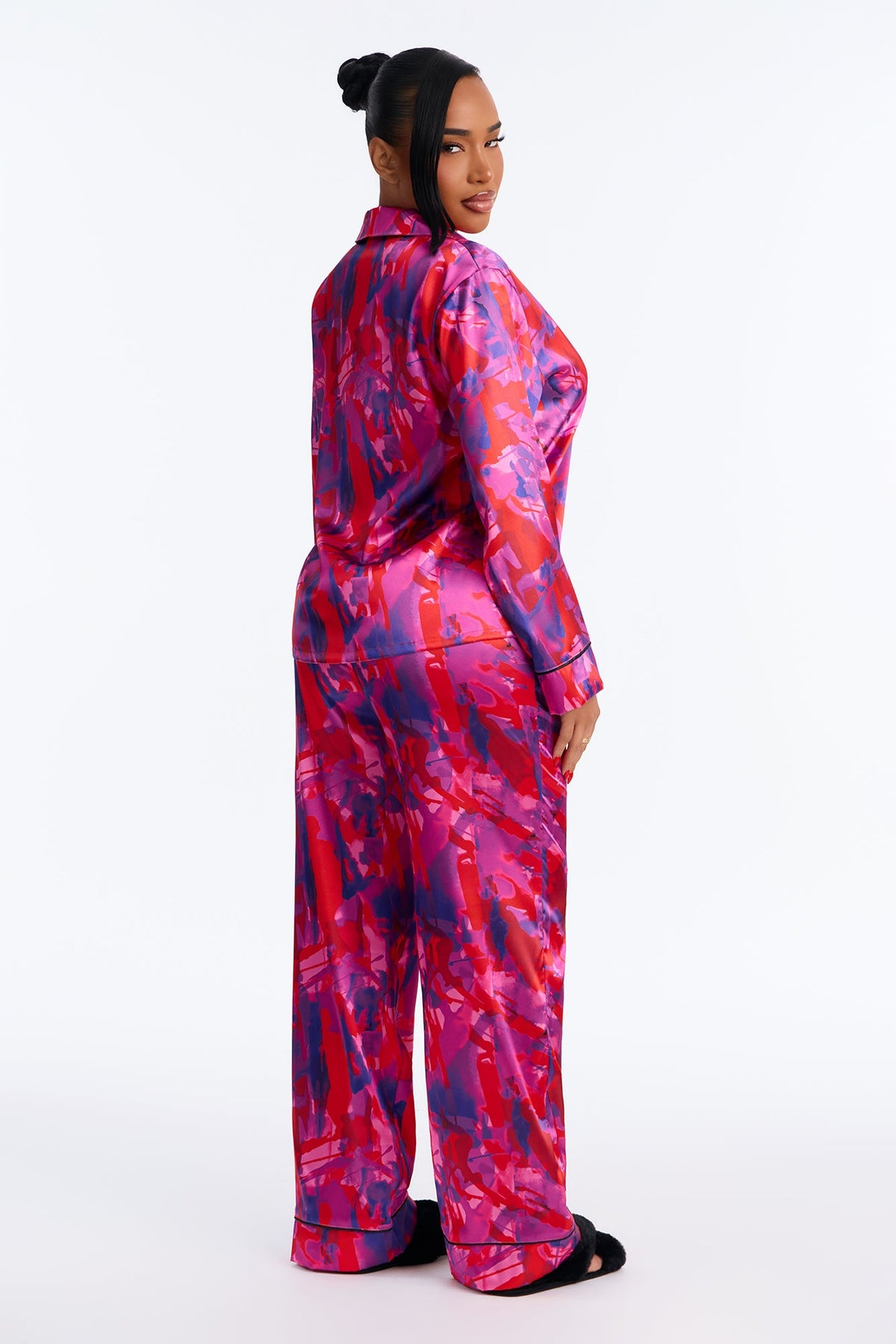 Bedtime Lux Stretch Satin Long Sleeve PJ Pant Set - Red/combo