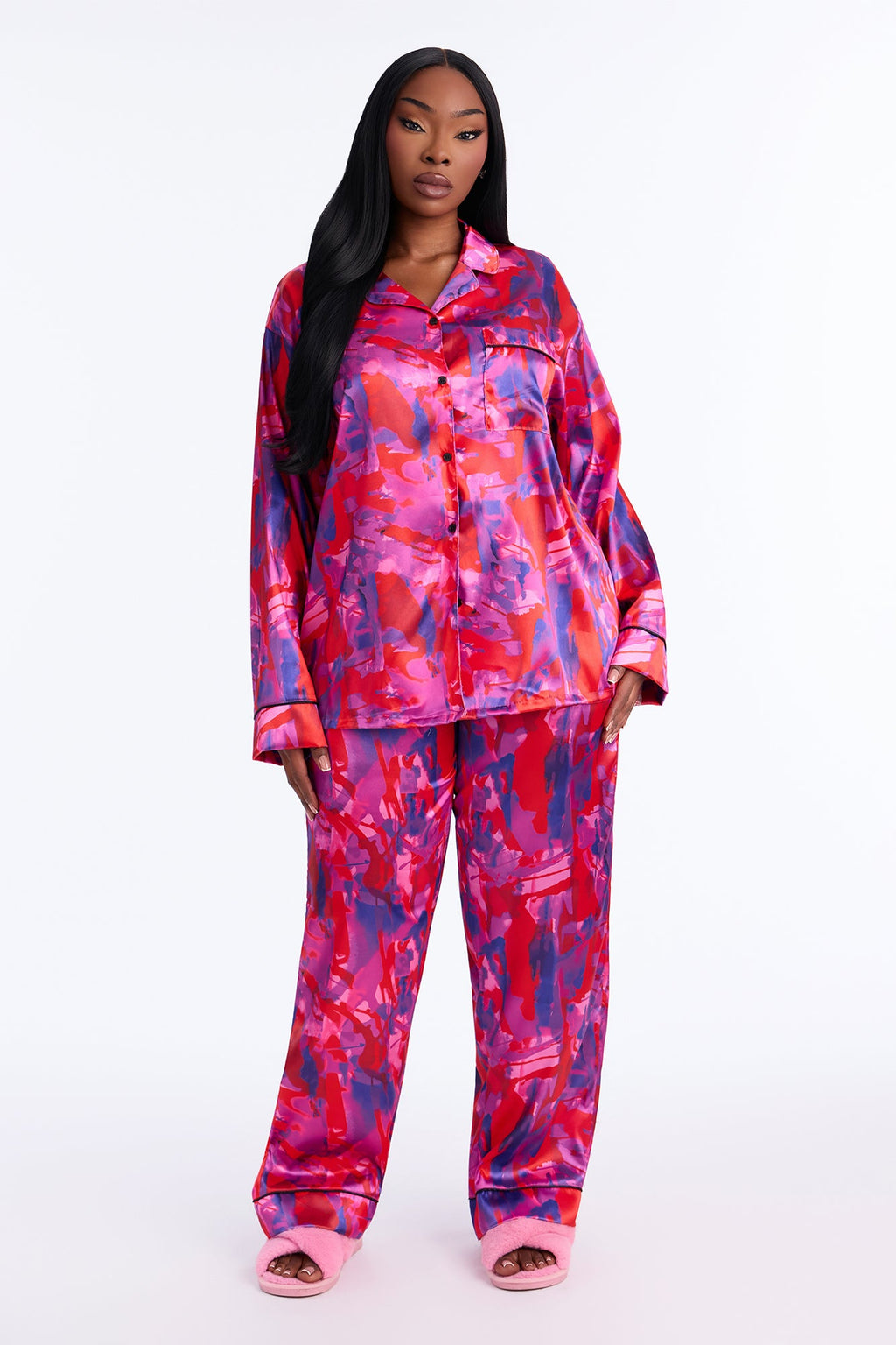 Bedtime Lux Stretch Satin Long Sleeve PJ Pant Set - Red/combo