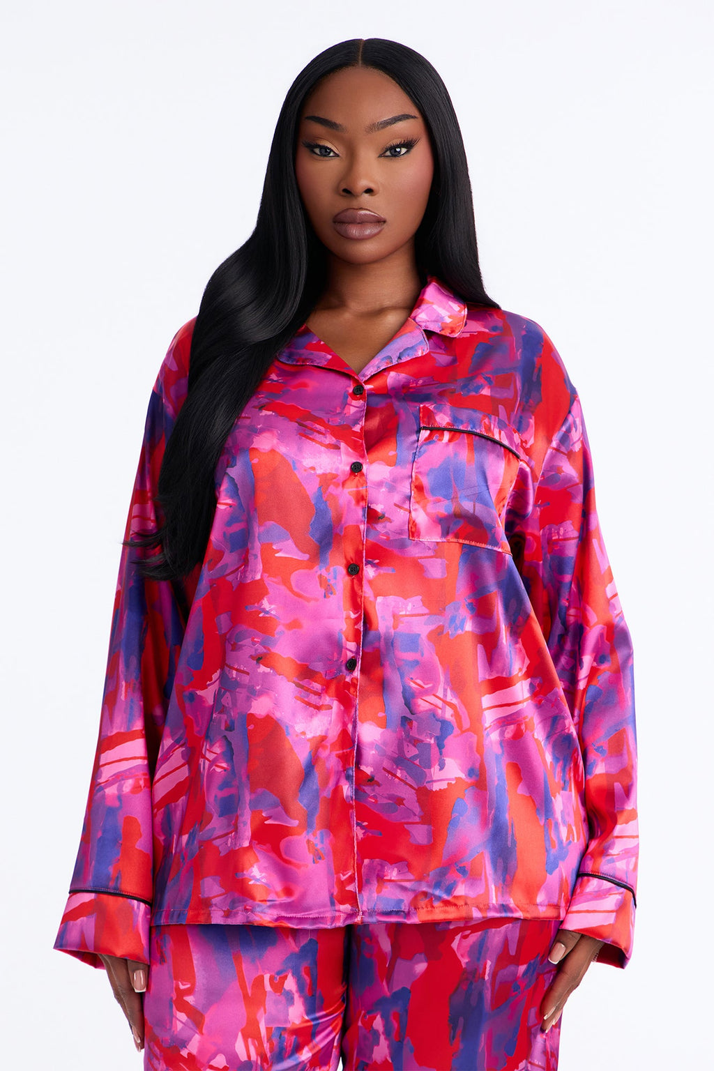 Bedtime Lux Stretch Satin Long Sleeve PJ Pant Set - Red/combo