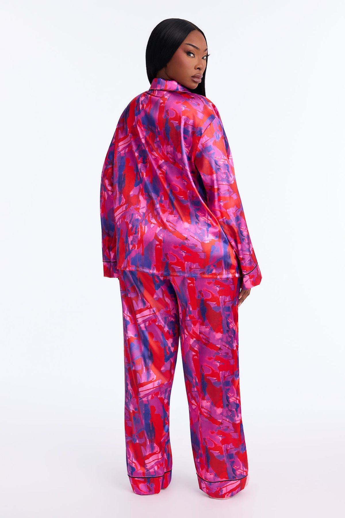 Bedtime Lux Stretch Satin Long Sleeve PJ Pant Set - Red/combo