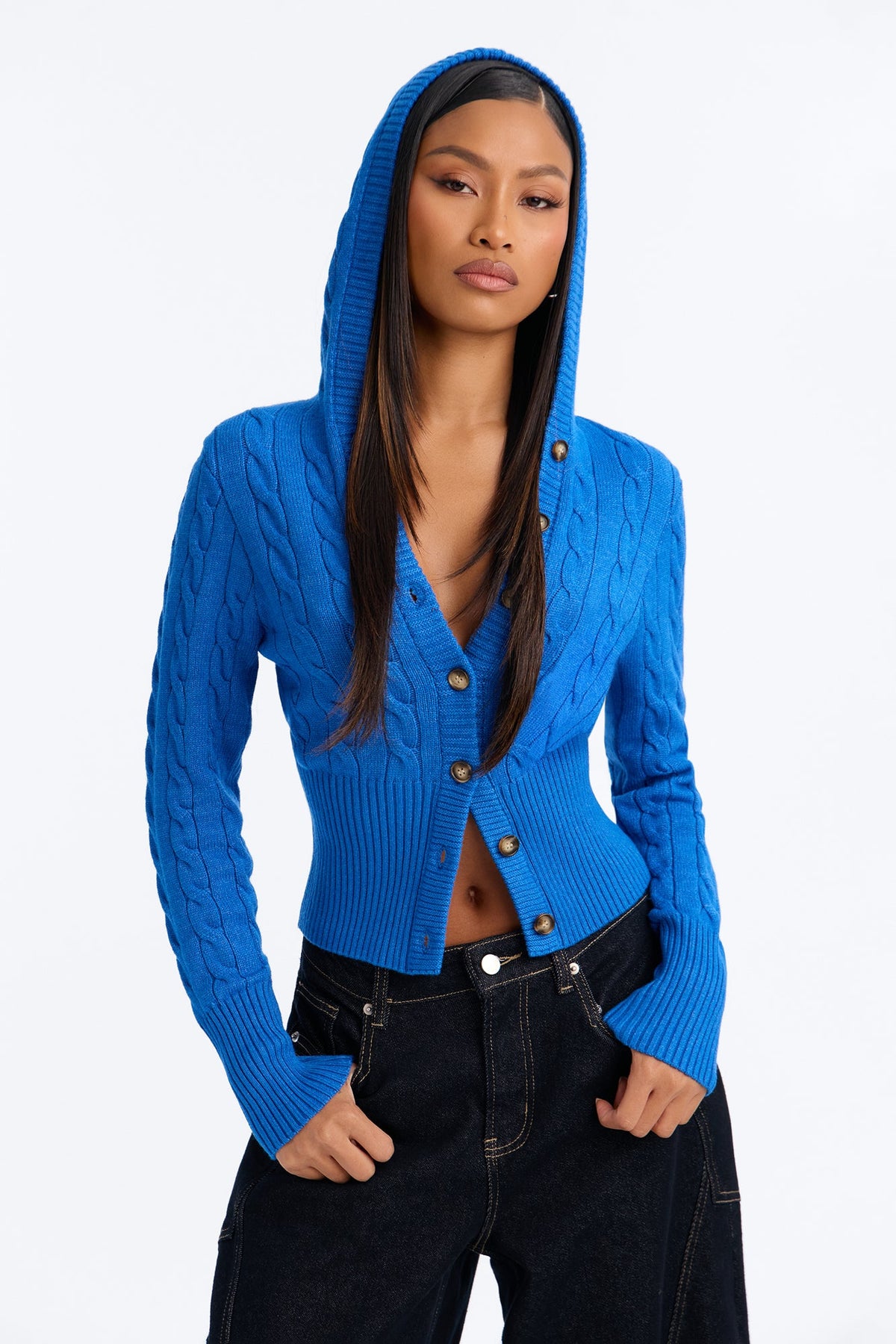 Warm Soul Hooded Cable Knit Cardigan - Blue
