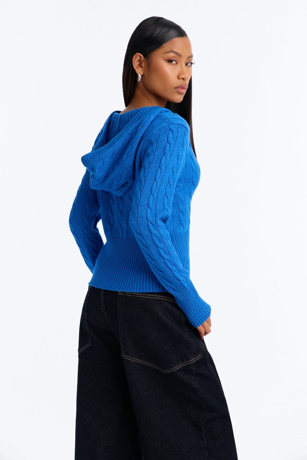 Warm Soul Hooded Cable Knit Cardigan - Blue