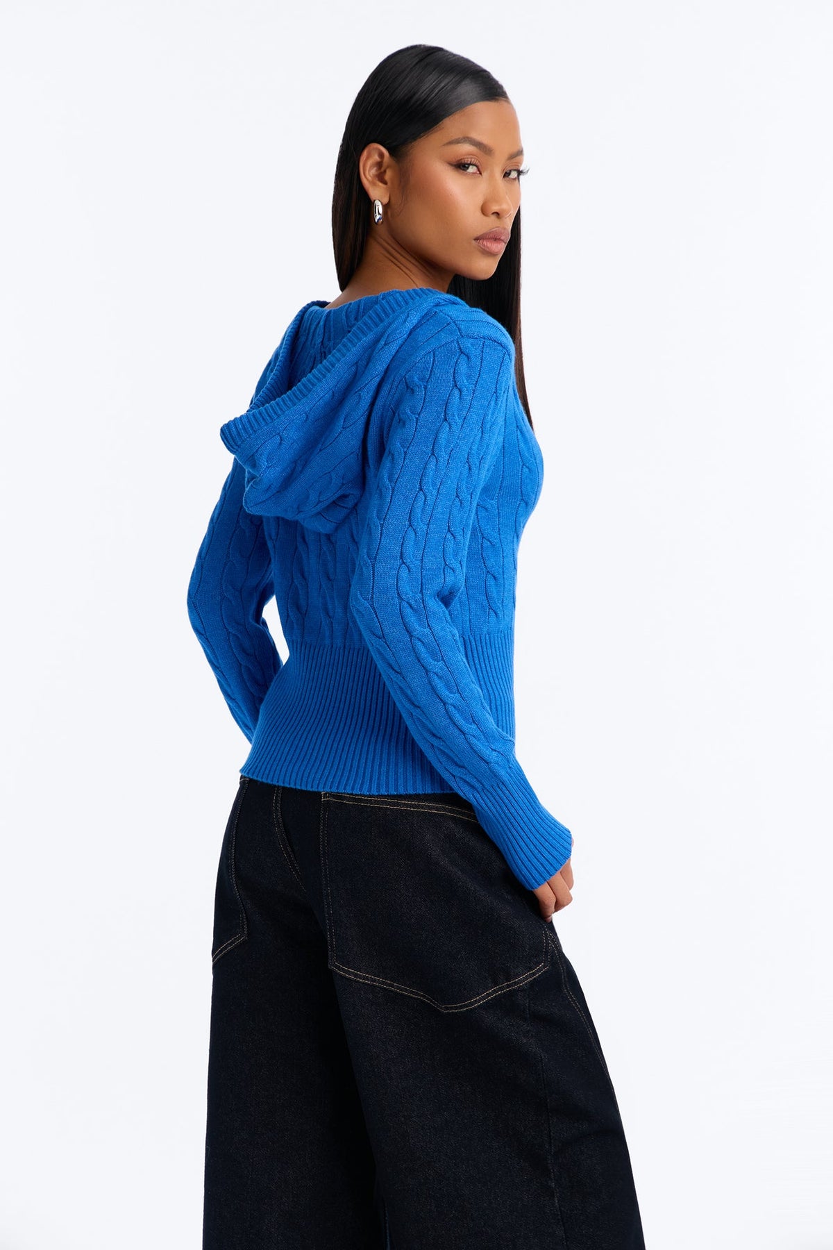 Warm Soul Hooded Cable Knit Cardigan - Blue