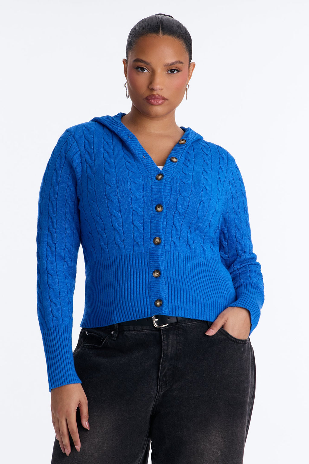 Warm Soul Hooded Cable Knit Cardigan - Blue