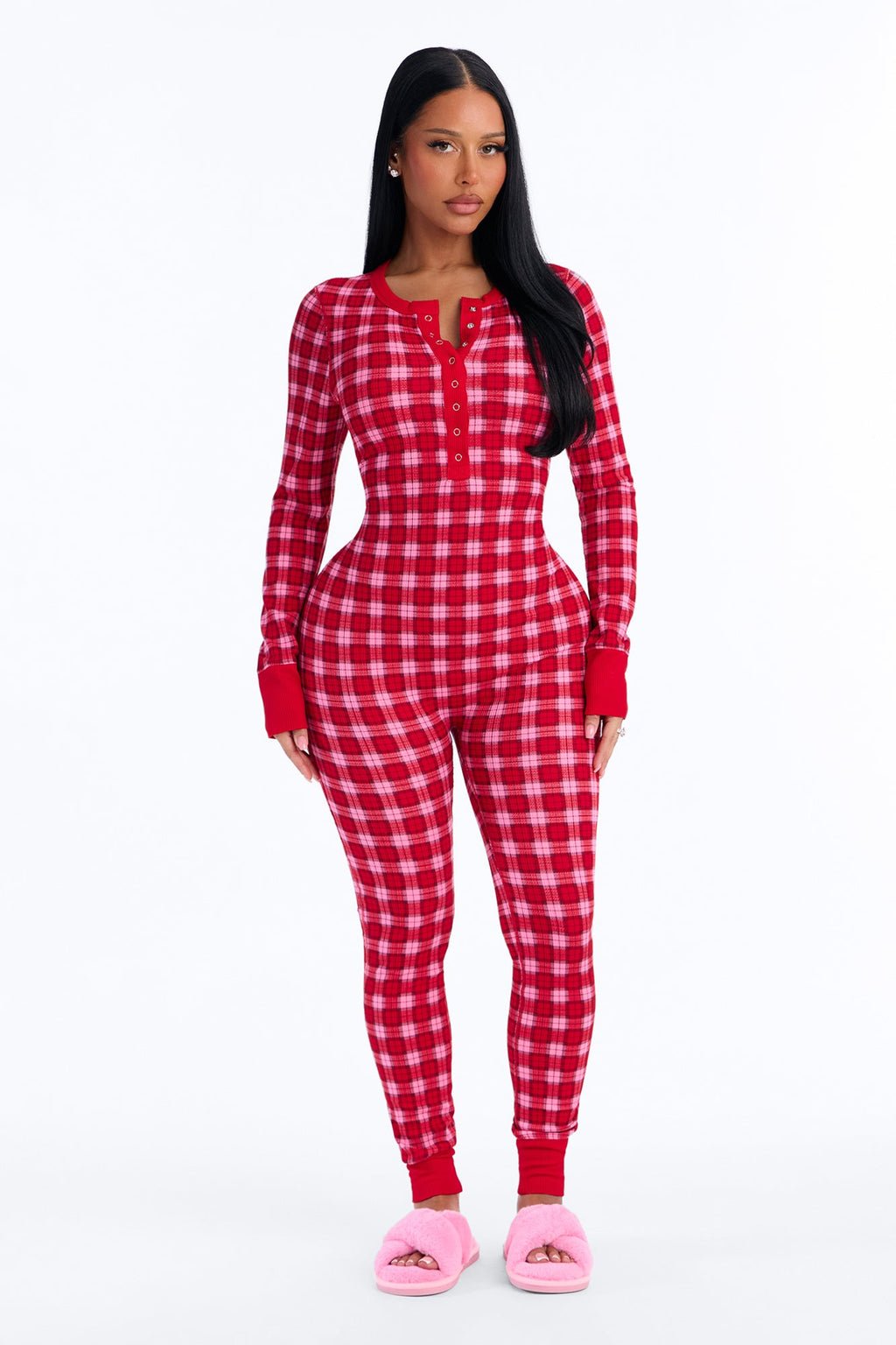 Brushed Waffle Base Layer Thermal PJ Onesie - Red/combo