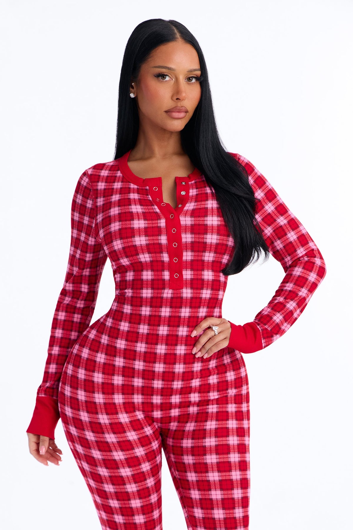 Brushed Waffle Base Layer Thermal PJ Onesie - Red/combo