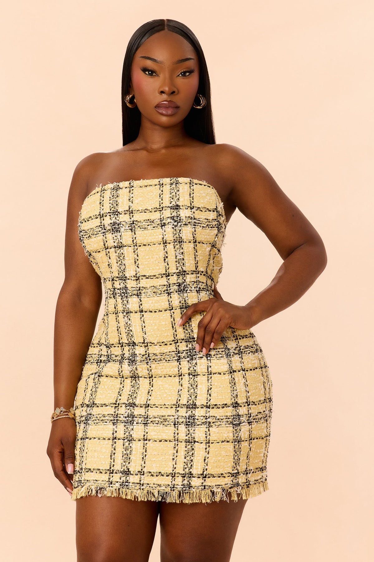 Nyomi Strapless Tweed Mini Dress - Yellow/combo