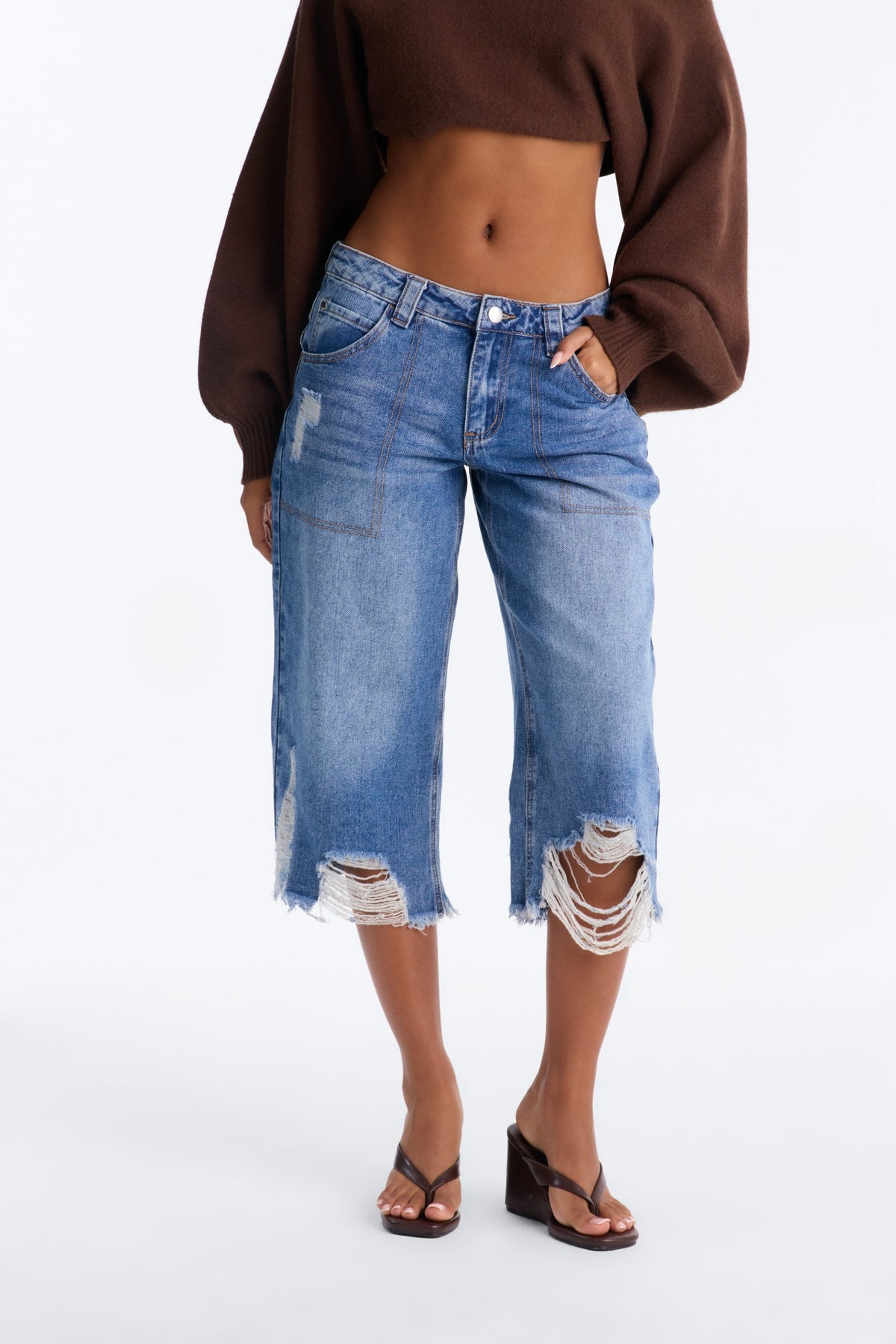 Sticking Together Ripped Cropped Straight Leg Jeans - Medium Wash