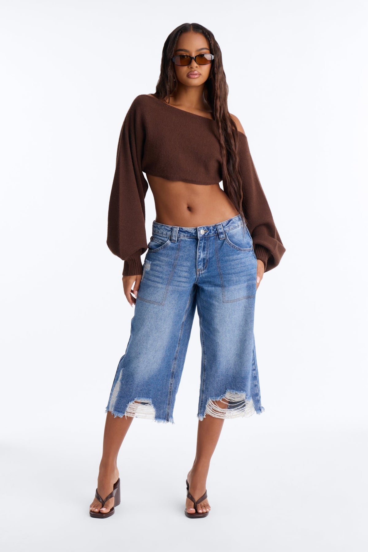 Sticking Together Ripped Cropped Straight Leg Jeans - Medium Wash