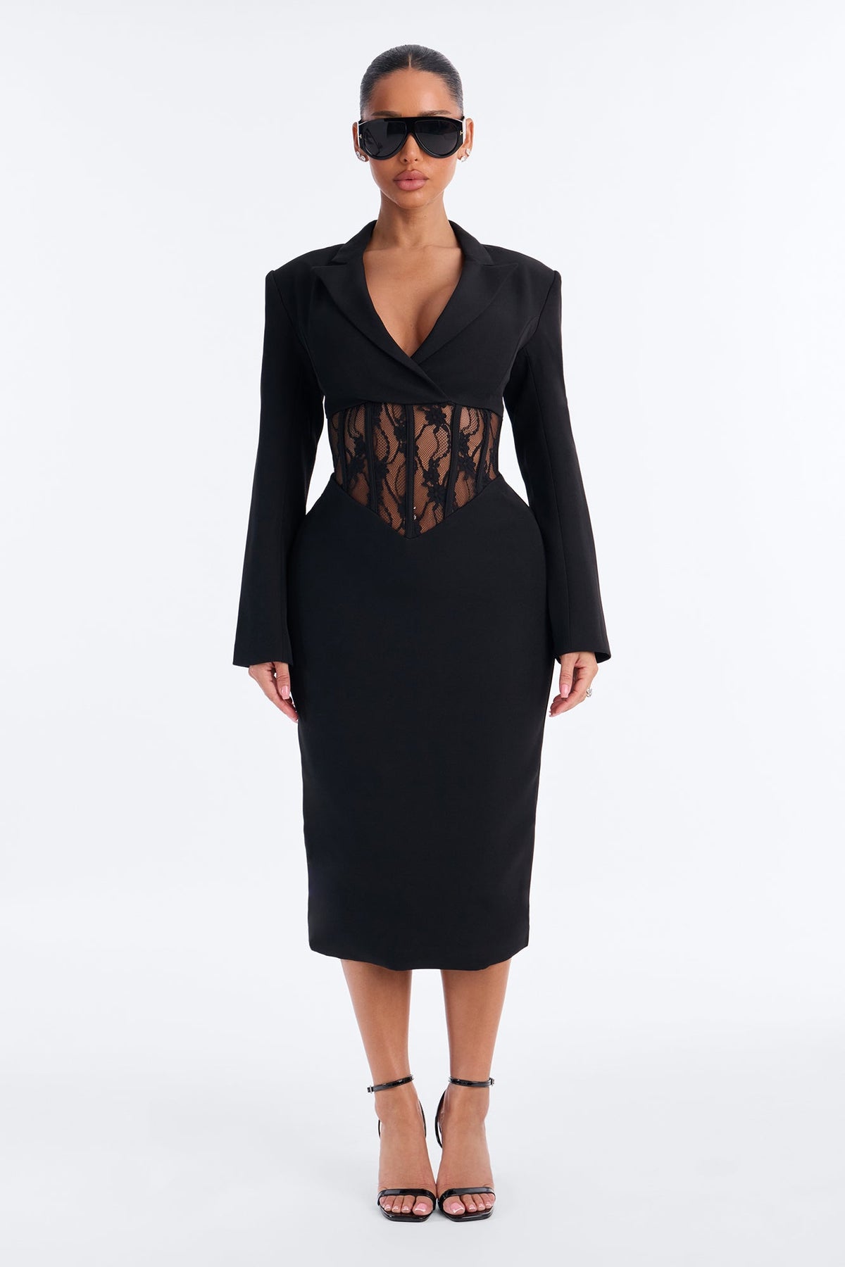 She Got Her Own Lace Corset Blazer Midi Dress - Black