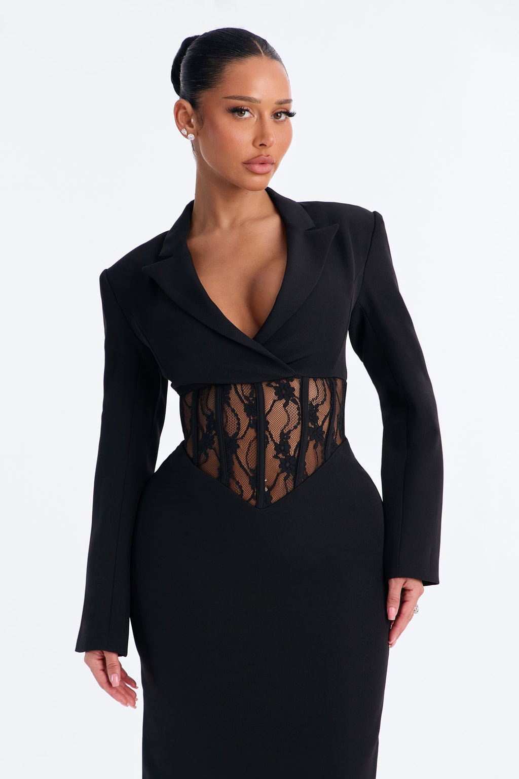 She Got Her Own Lace Corset Blazer Midi Dress - Black