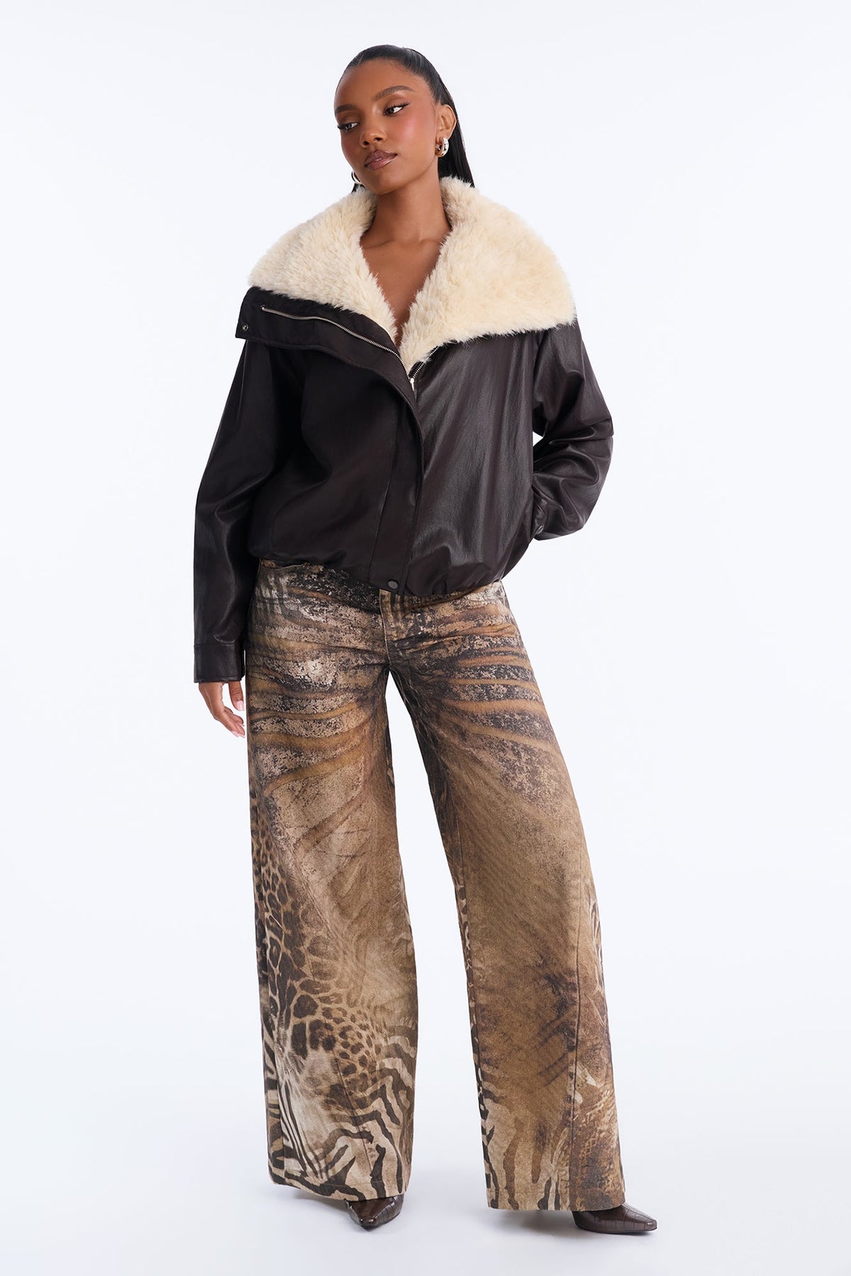 Maeve Faux Leather Fur Lined Funnel Neck Jacket - Dark Brown