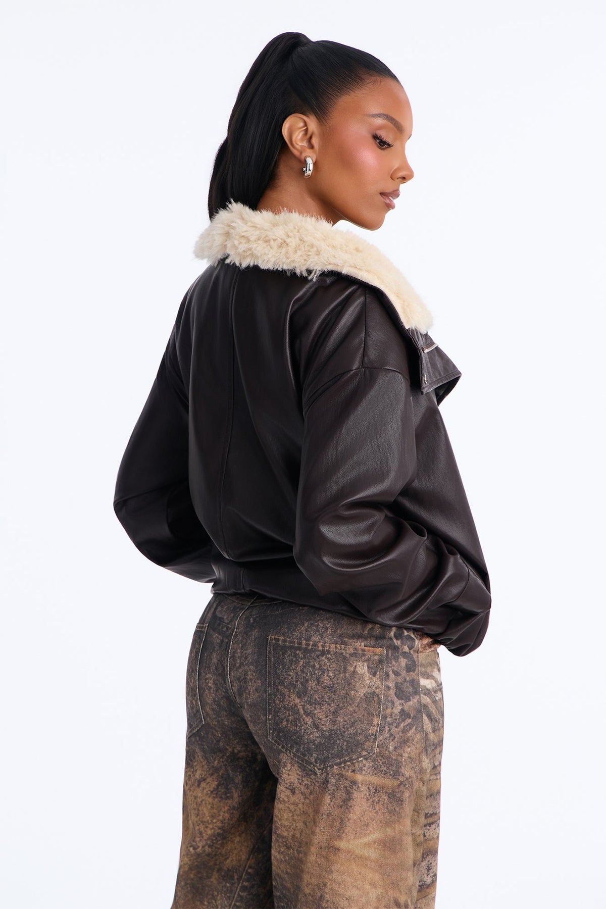 Maeve Faux Leather Fur Lined Funnel Neck Jacket - Dark Brown