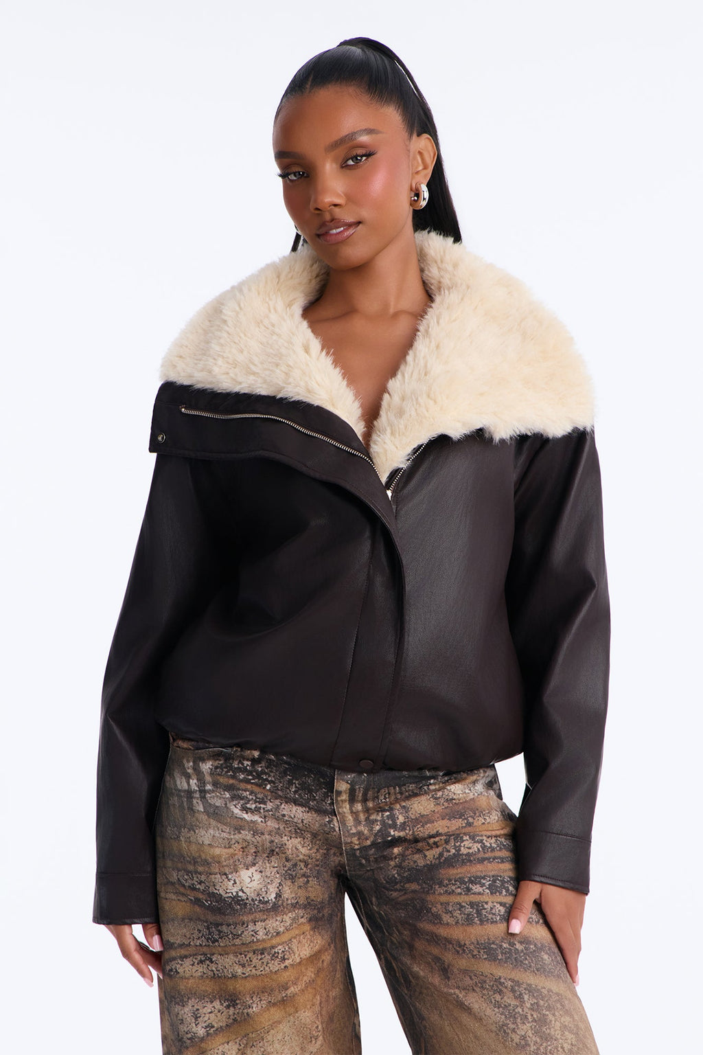 Maeve Faux Leather Fur Lined Funnel Neck Jacket - Dark Brown