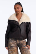 Maeve Faux Leather Fur Lined Funnel Neck Jacket - Dark Brown