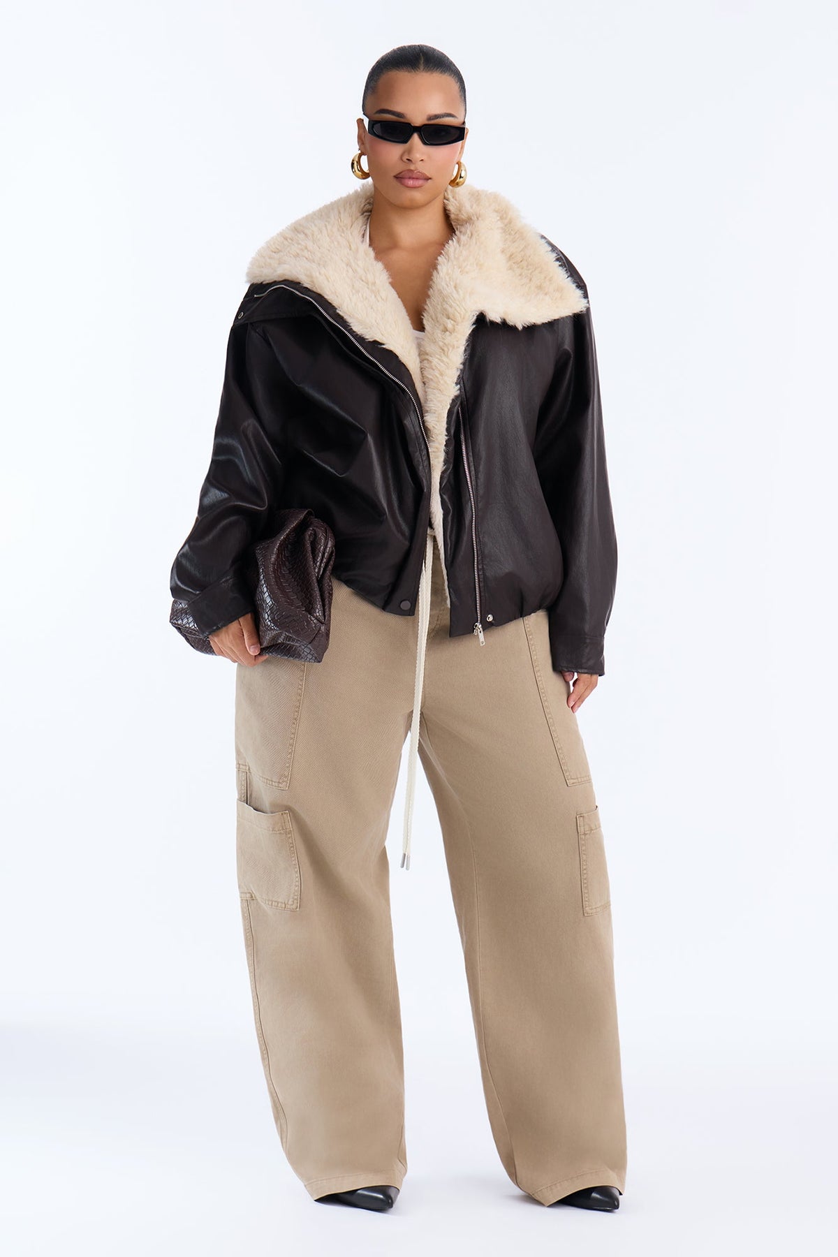 Maeve Faux Leather Fur Lined Funnel Neck Jacket - Dark Brown