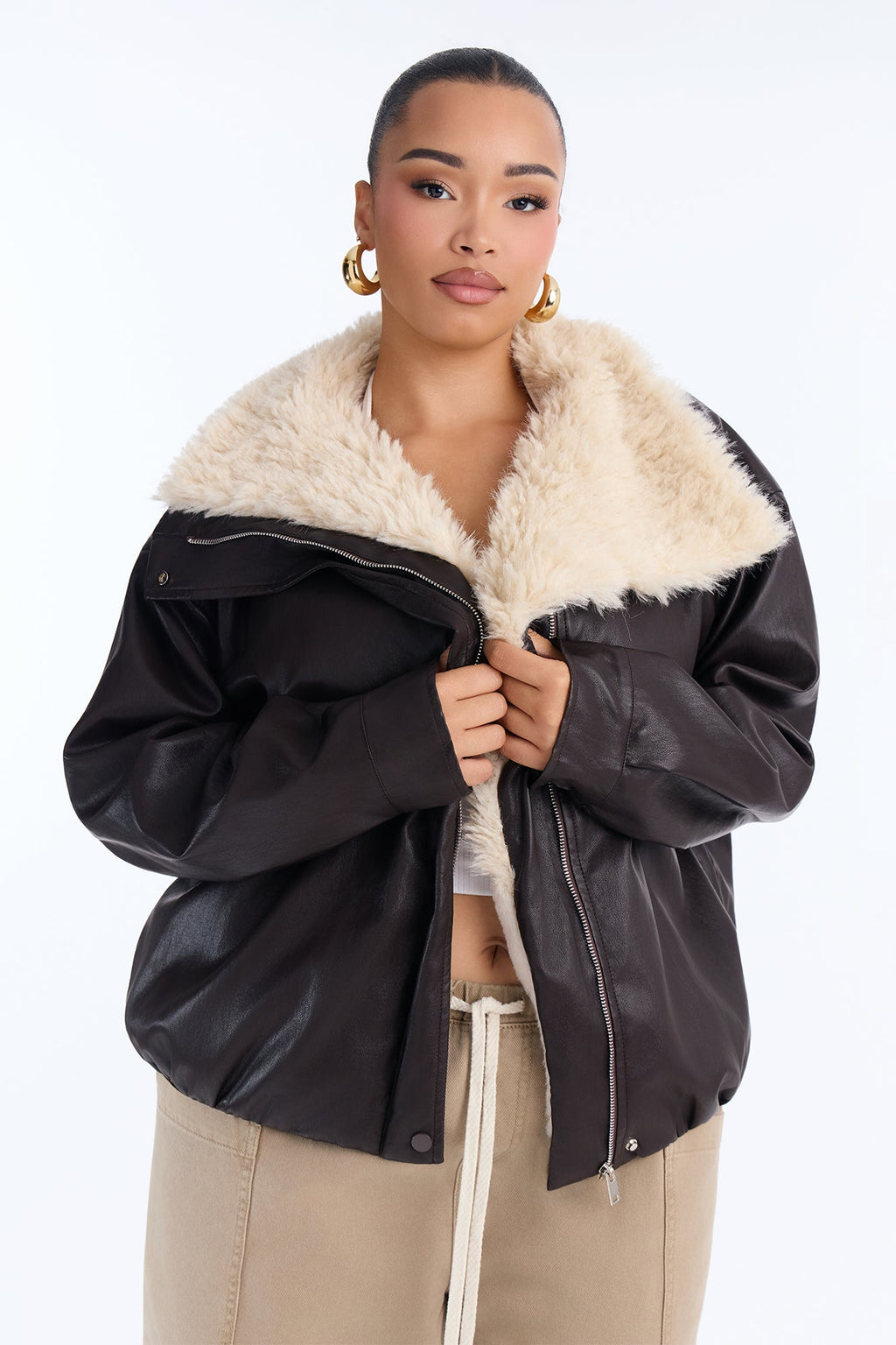 Maeve Faux Leather Fur Lined Funnel Neck Jacket - Dark Brown