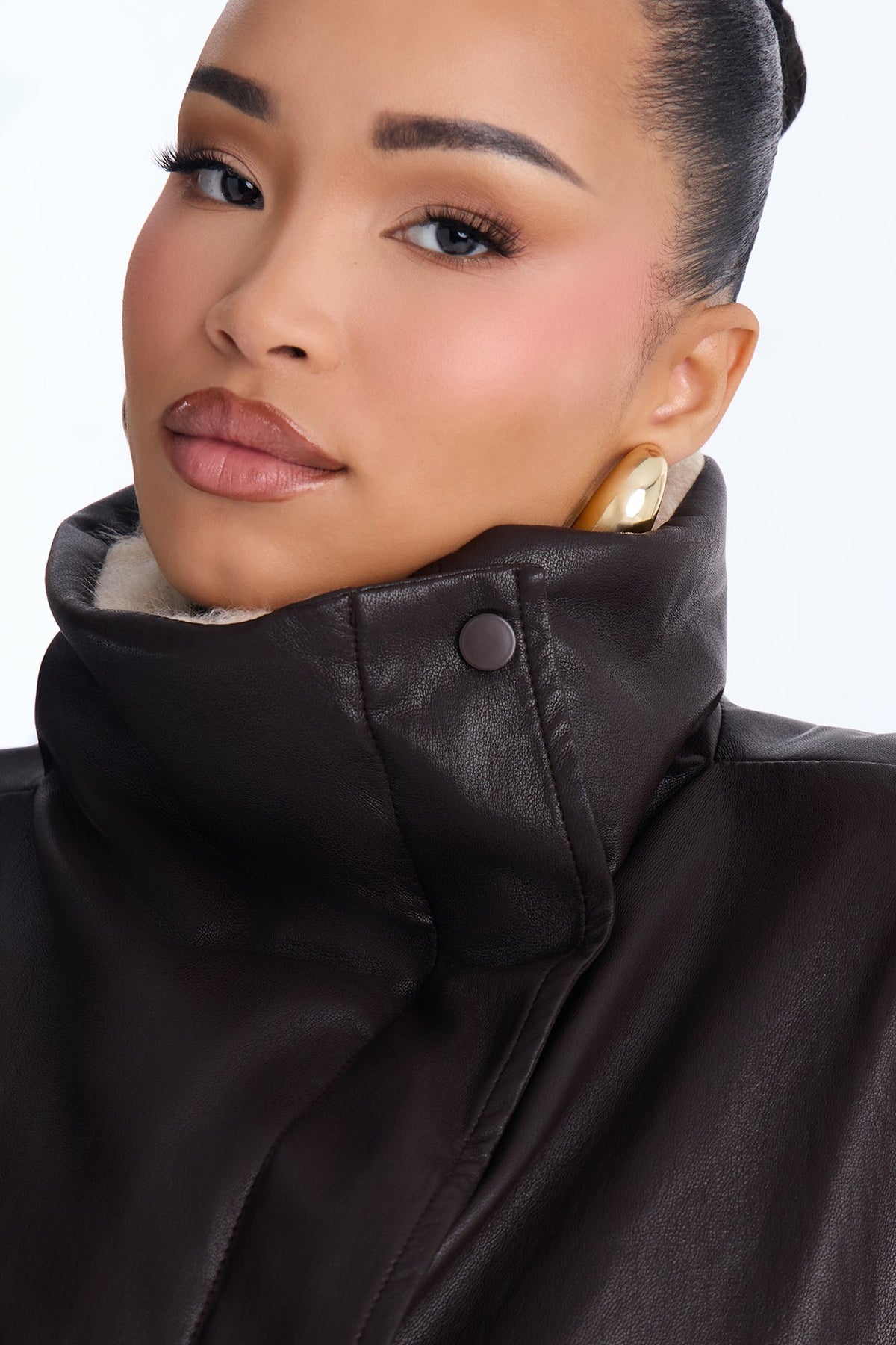 Maeve Faux Leather Fur Lined Funnel Neck Jacket - Dark Brown