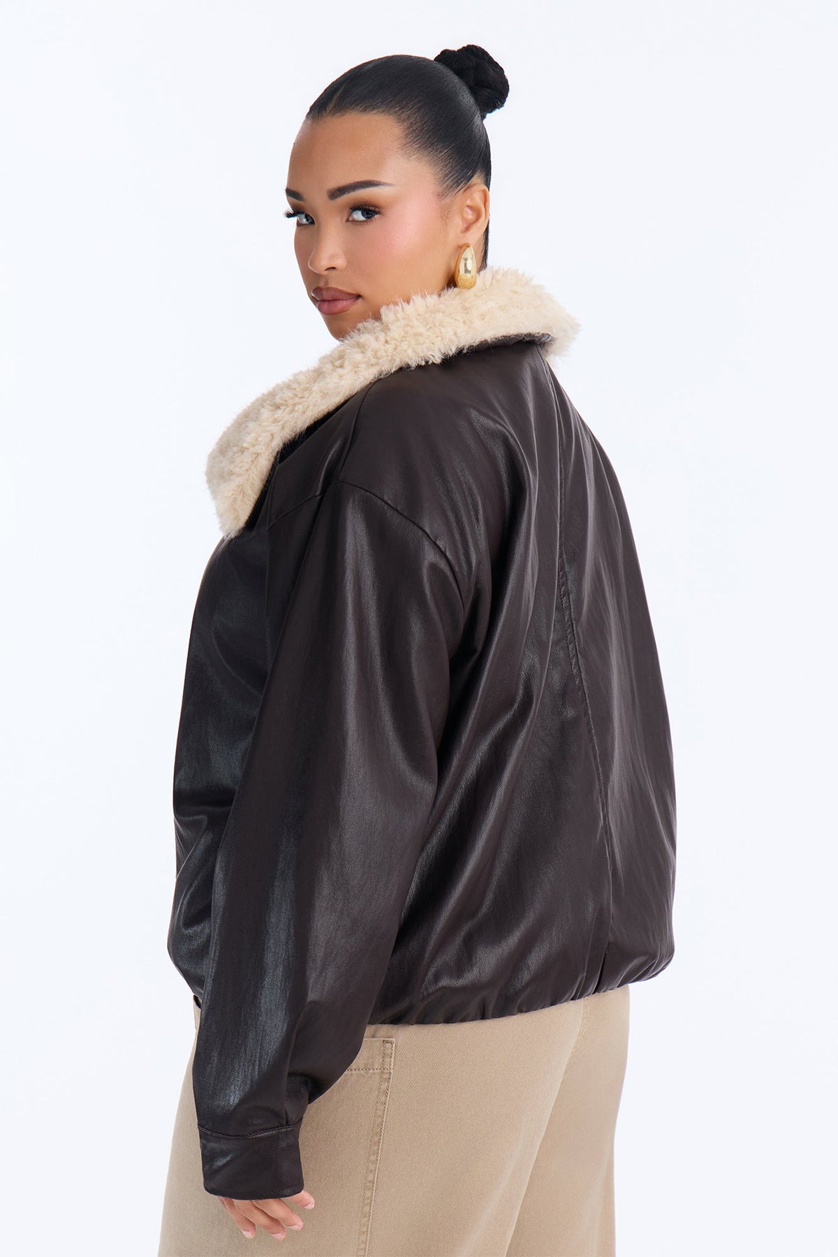 Maeve Faux Leather Fur Lined Funnel Neck Jacket - Dark Brown