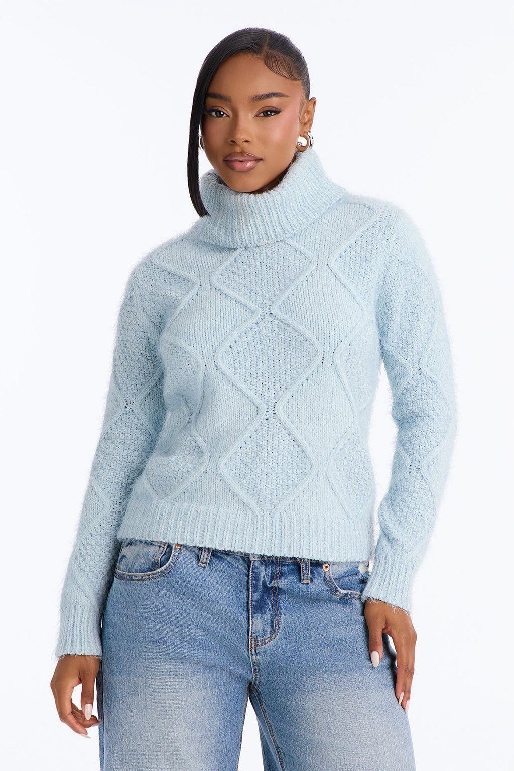 Madlyn Fuzzy Turtle Neck Pullover Sweater - Blue