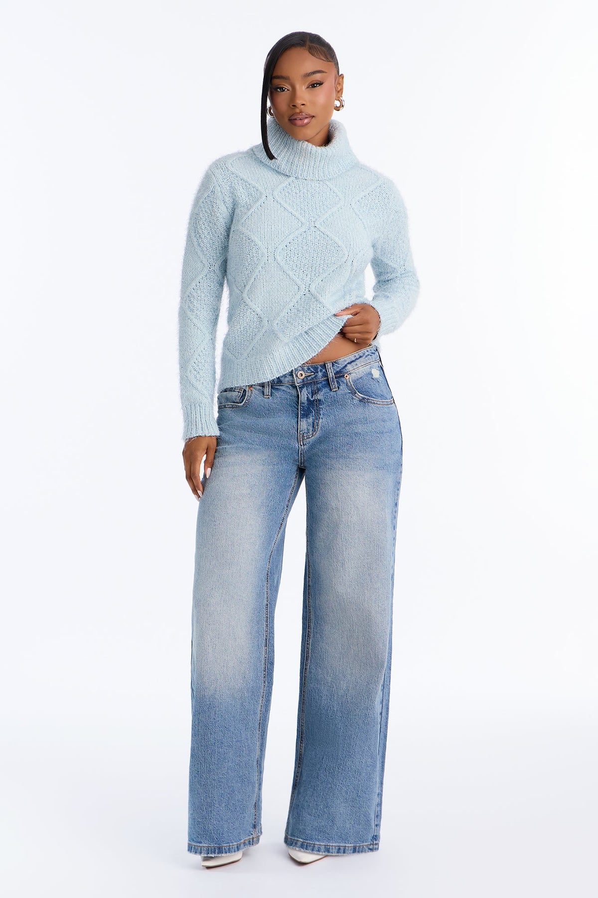 Madlyn Fuzzy Turtle Neck Pullover Sweater - Blue