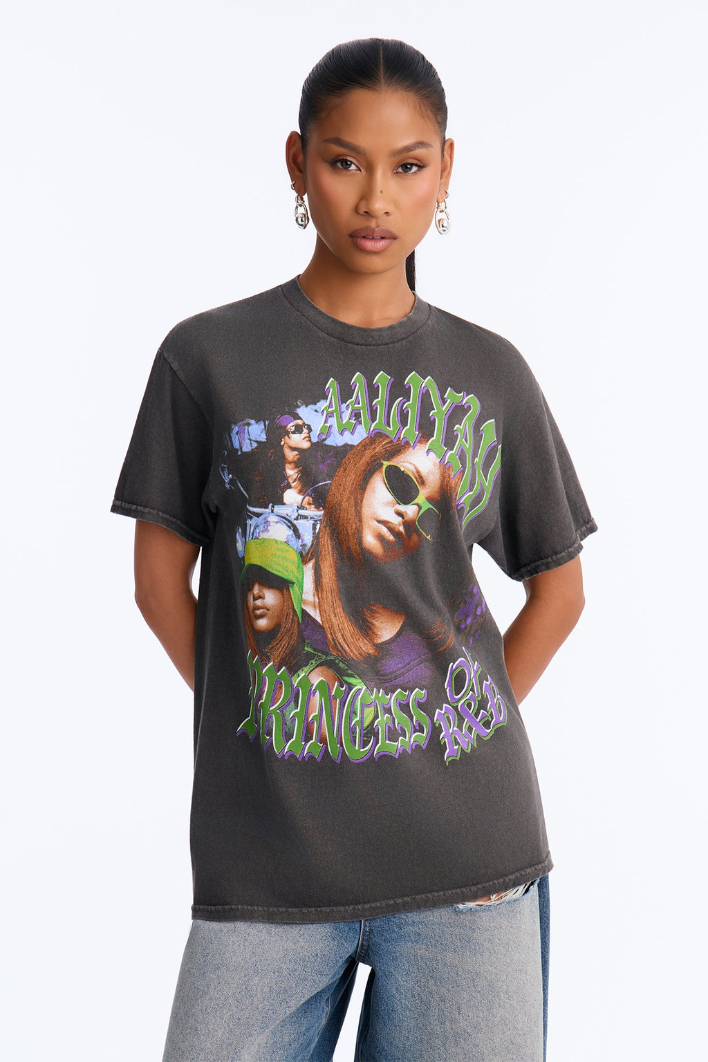 Aaliyah Princess Of RnB Washed Tee - Charcoal