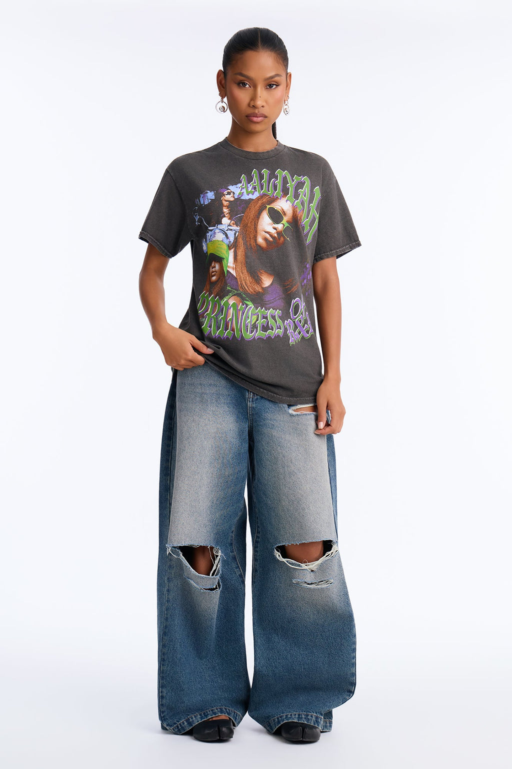 Aaliyah Princess Of RnB Washed Tee - Charcoal