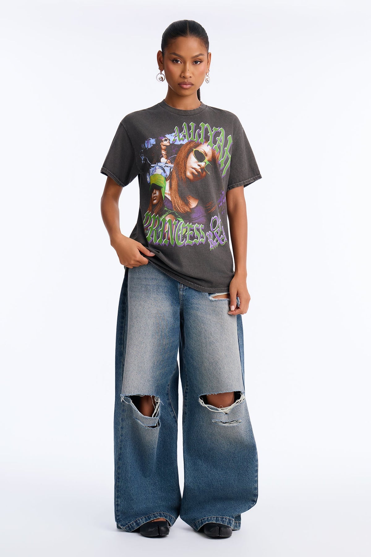 Aaliyah Princess Of RnB Washed Tee - Charcoal