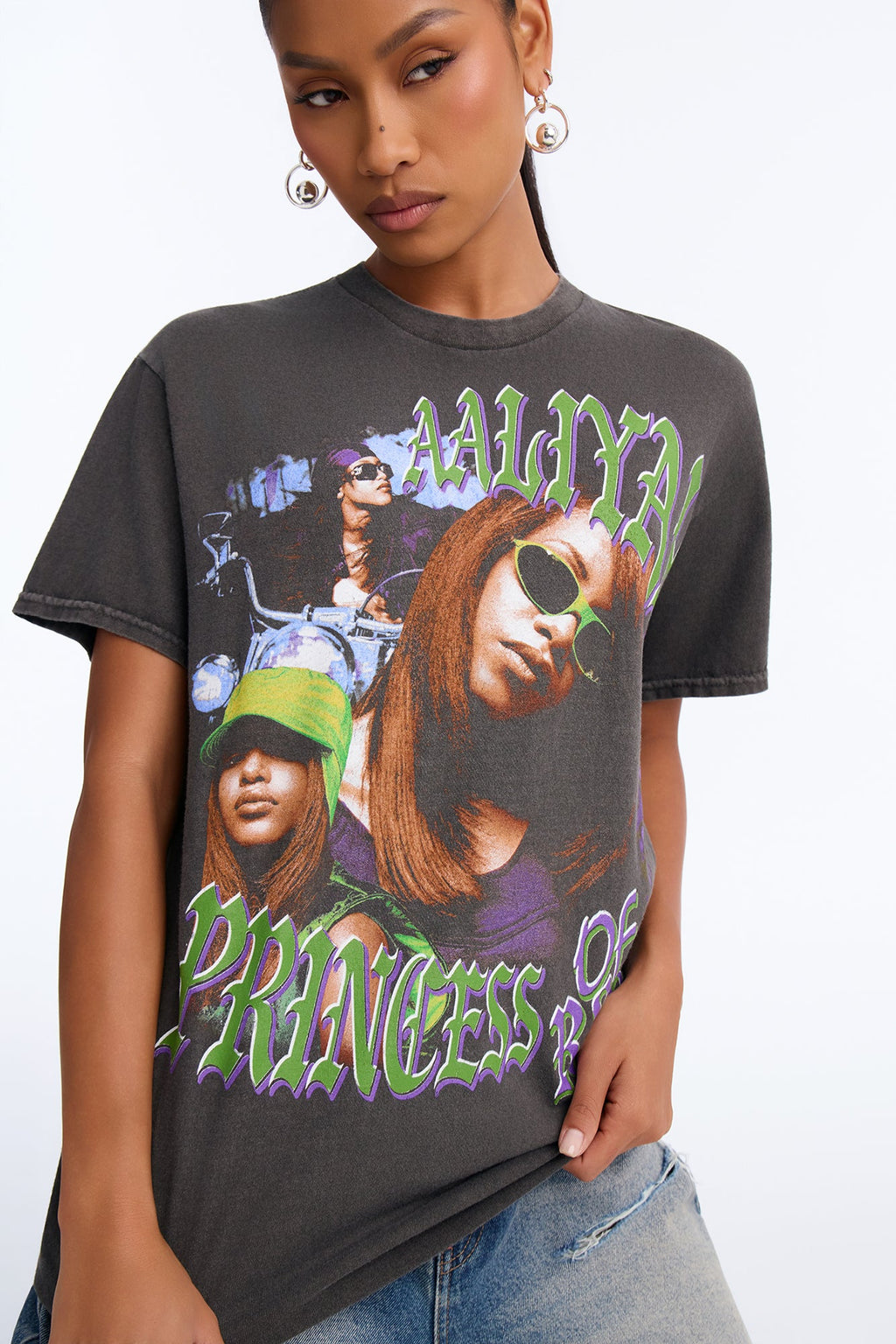 Aaliyah Princess Of RnB Washed Tee - Charcoal