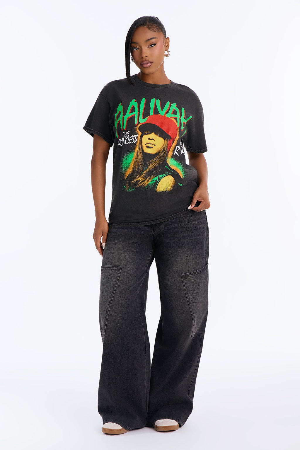 Aaliyah RnB Queen Washed Tee - Black