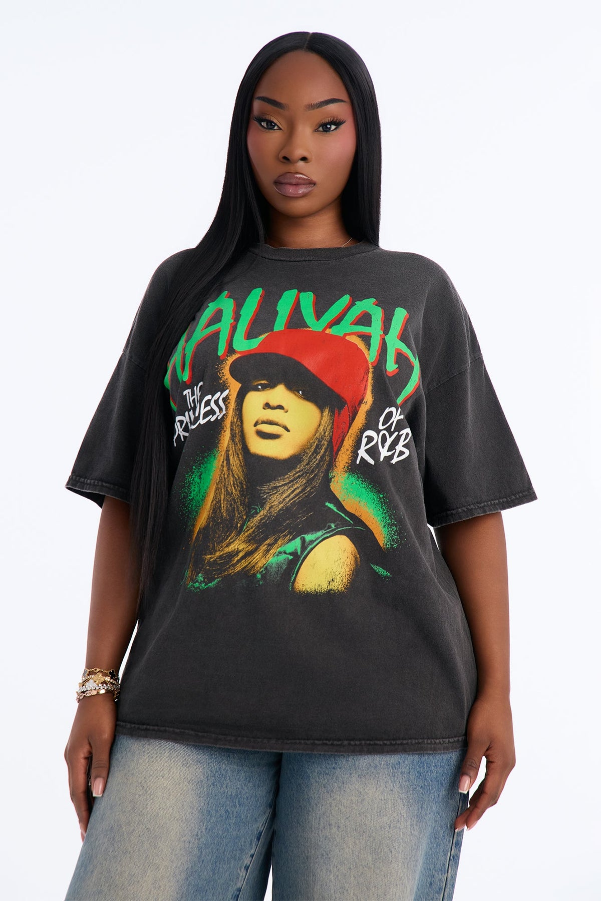 Aaliyah RnB Queen Washed Tee - Black