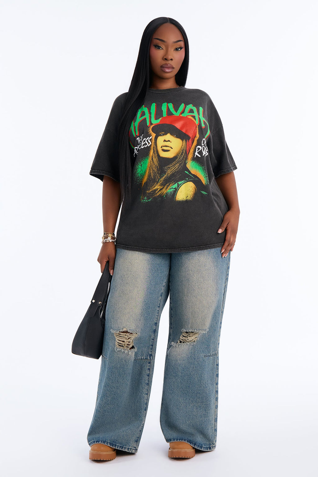 Aaliyah RnB Queen Washed Tee - Black
