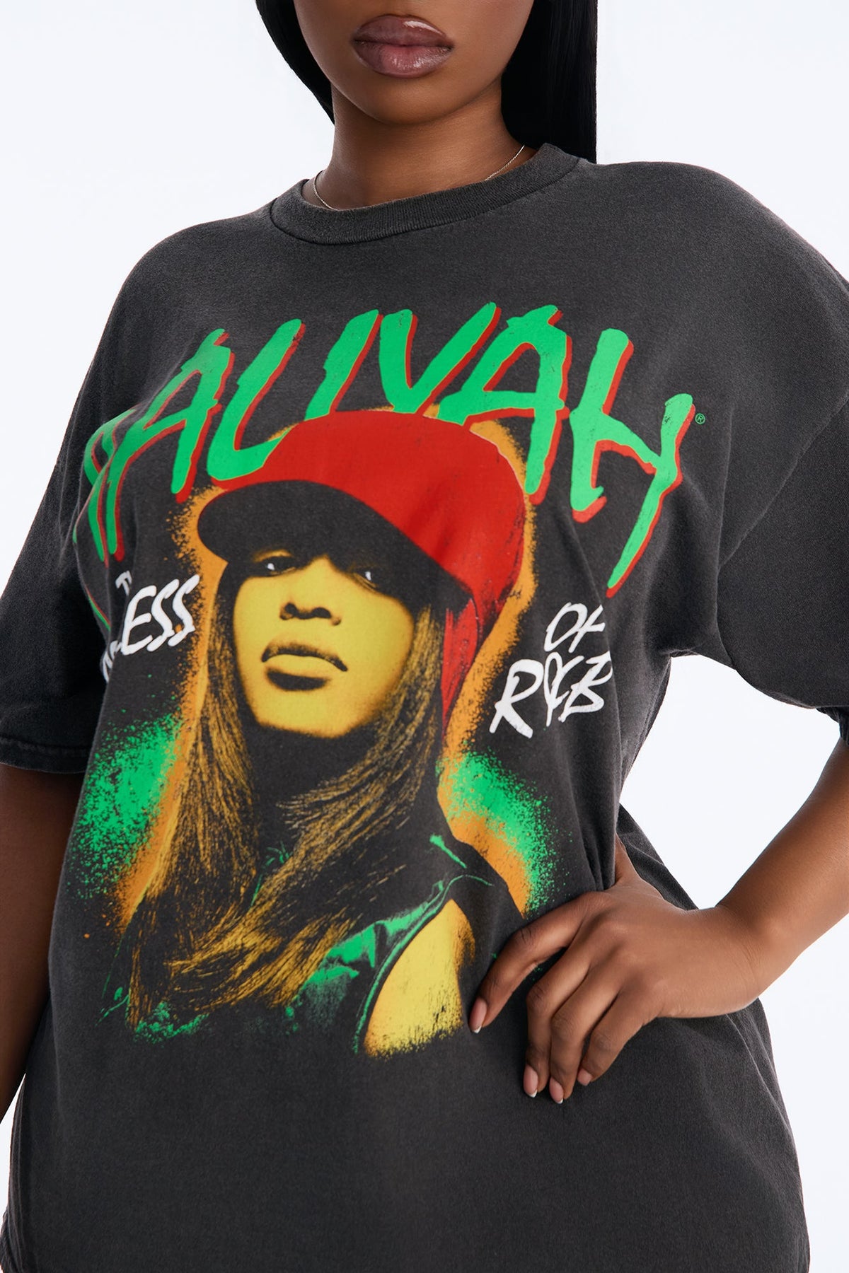 Aaliyah RnB Queen Washed Tee - Black