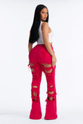End Of Summer Ripped High Rise Flare Leg Jeans - Fuchsia