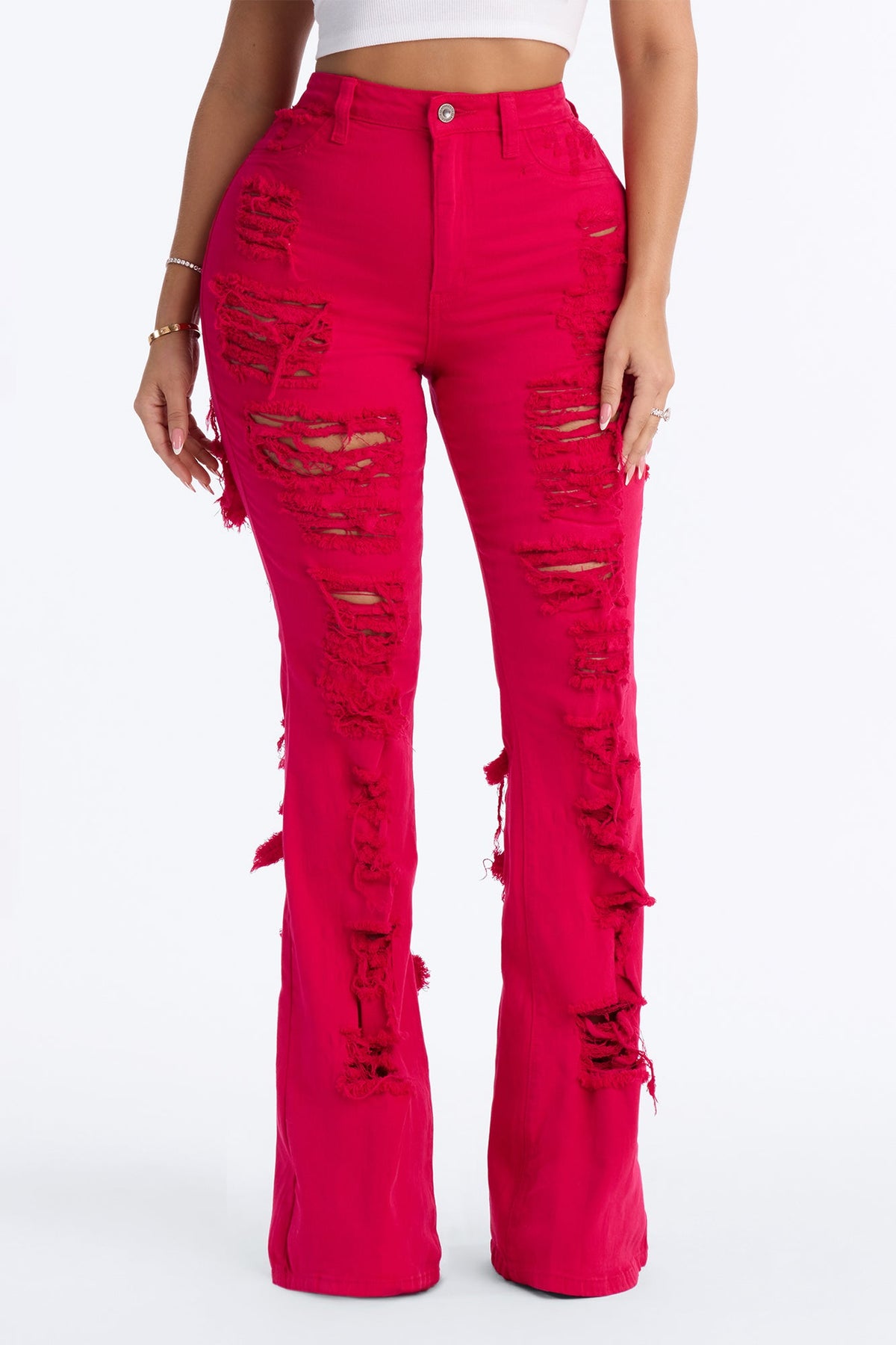 End Of Summer Ripped High Rise Flare Leg Jeans - Fuchsia