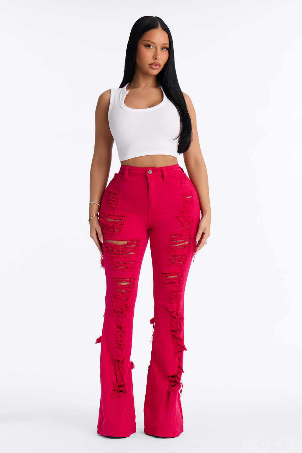 End Of Summer Ripped High Rise Flare Leg Jeans - Fuchsia