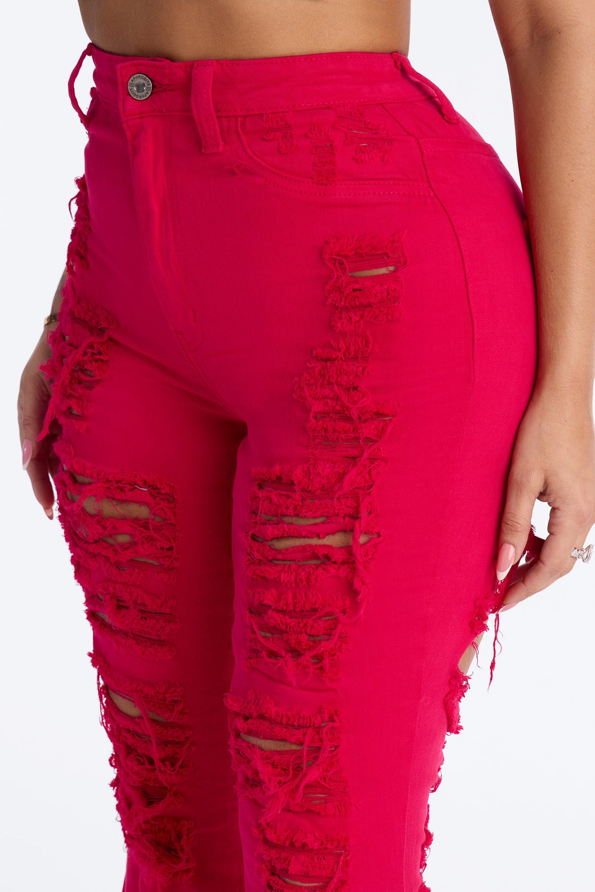 End Of Summer Ripped High Rise Flare Leg Jeans - Fuchsia