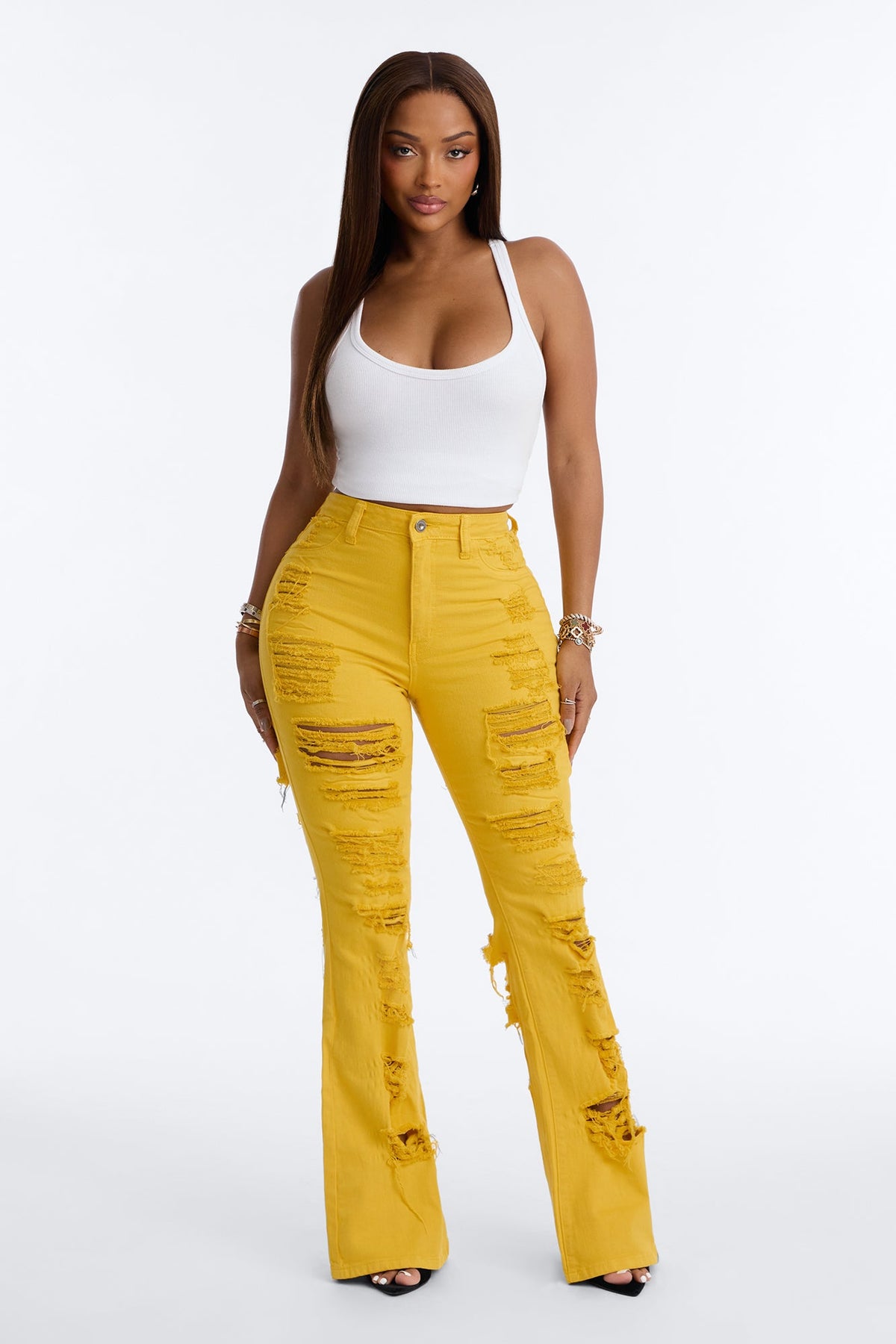 End Of Summer Ripped High Rise Flare Leg Jeans - Mustard
