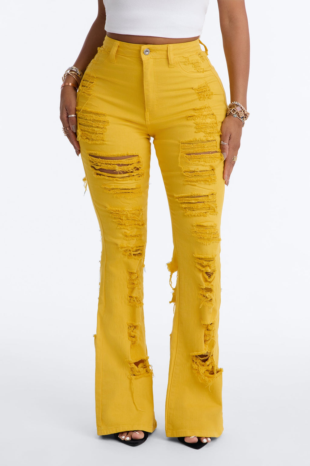 End Of Summer Ripped High Rise Flare Leg Jeans - Mustard