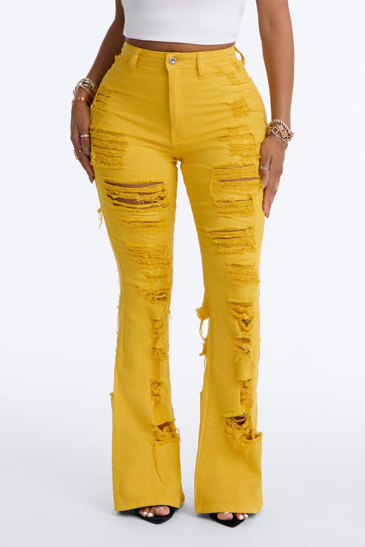 End Of Summer Ripped High Rise Flare Leg Jeans - Mustard